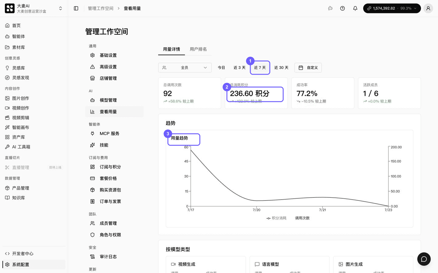 筛选并查看 AI 用量汇总和趋势